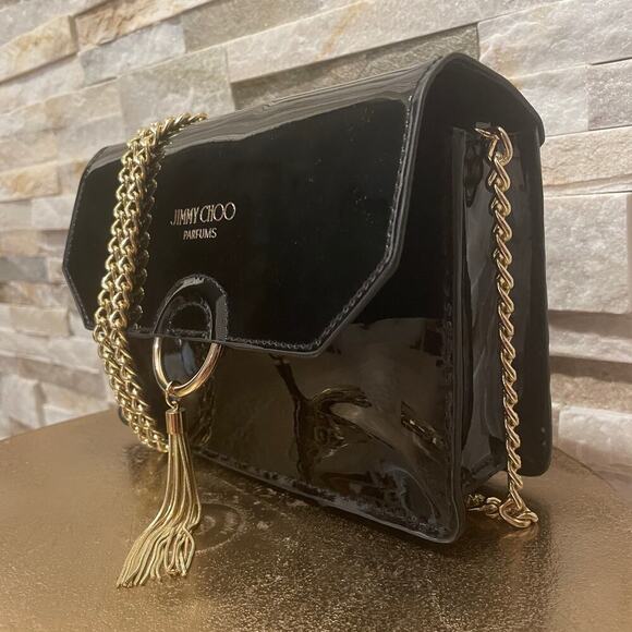 Jimmy Choo Parfums Black Crossbody Clutch | Patent, Chain Gold Tassel Limited - Picture 2 of 8